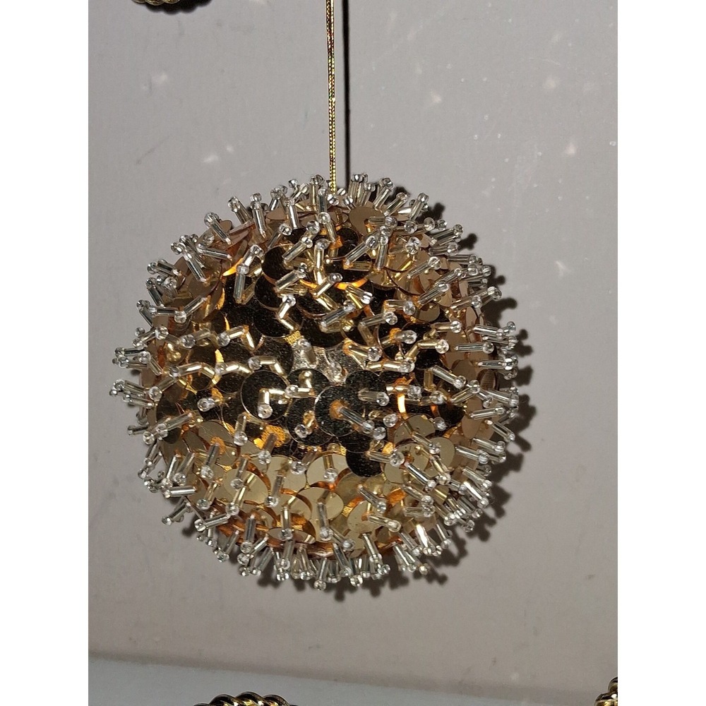 Vintage Handmade Sequin Beaded Christmas Ball Ornament Gold 5"